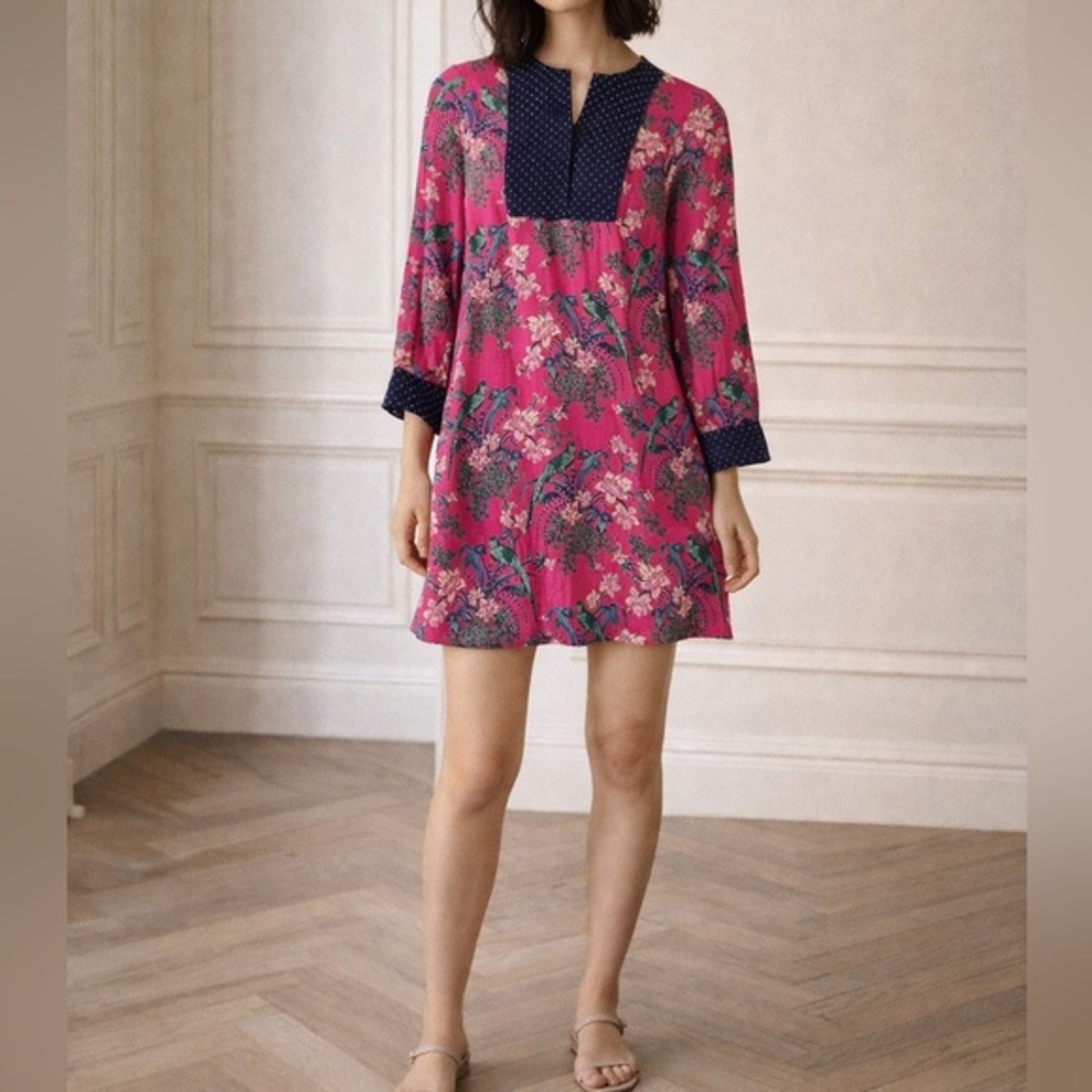 Anthroplogie Maeve Floral Bird Print Pink Boho Tunic Popover Mini Dress